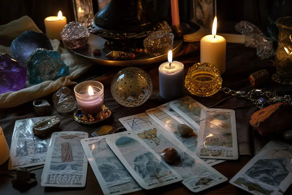 Cartas, cristais e velas em uma mesa espiritual