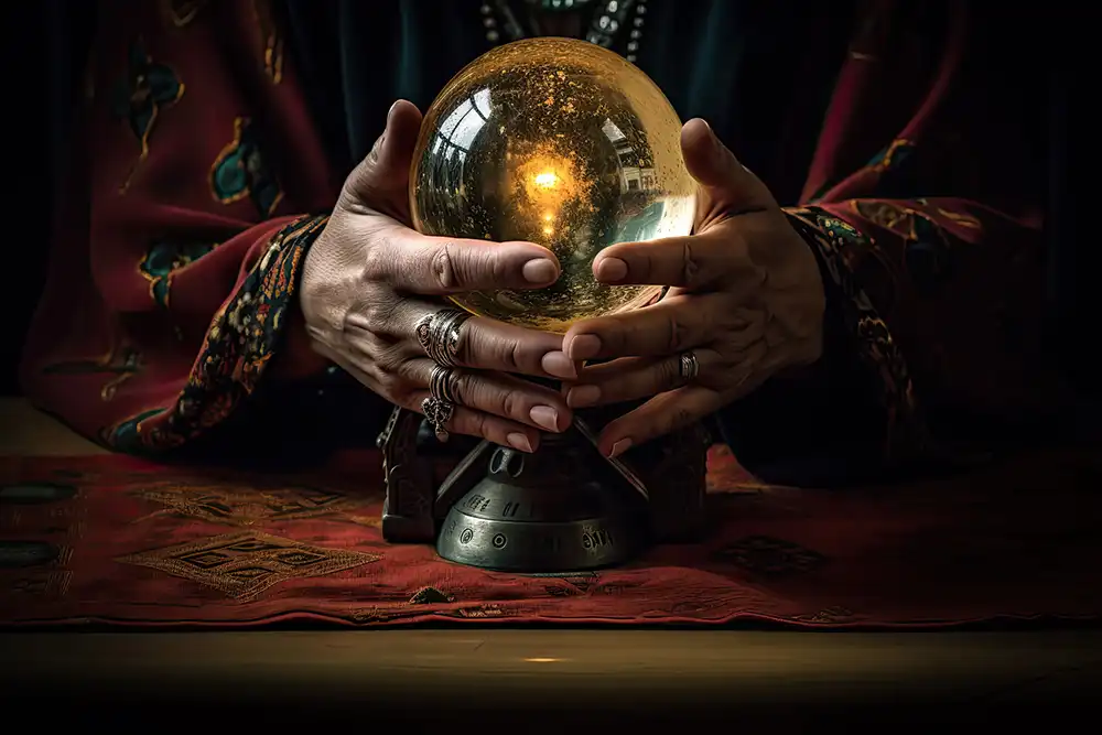 Bola de cristal entre m&atilde;os durante uma consulta espiritual